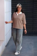 تیشرت زنانه یقه شکاری راه راه - Image 8