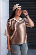تیشرت زنانه یقه شکاری راه راه - Image 7